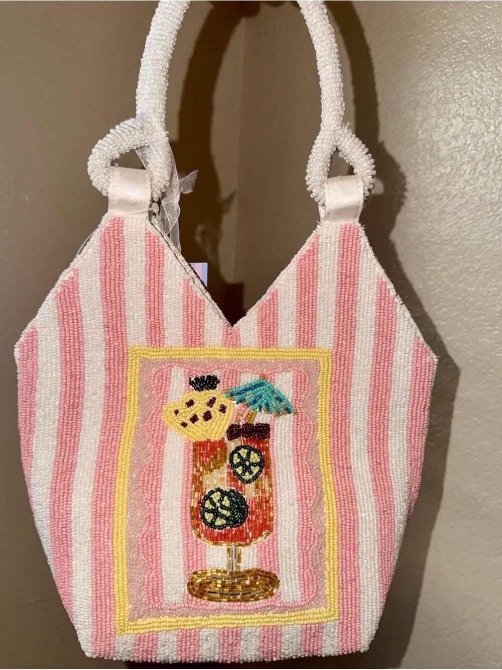 NWT Pink/White Striped Beaded Cocktail Tote Bag Tropical Summer Statement Purse - Picture 1 of 2